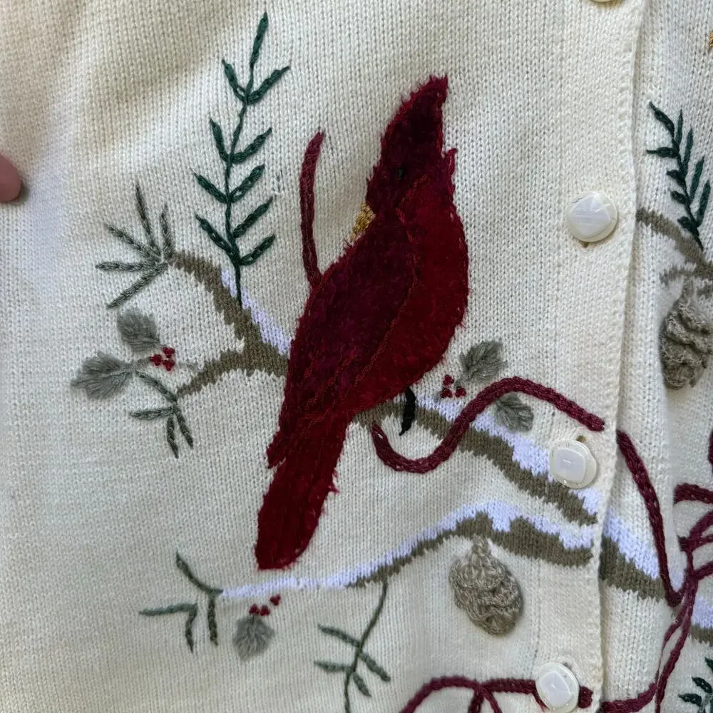 Vintage 90s JTWO Christmas Cardinals Winter Cardigan Sweater Red Collar LARGE
